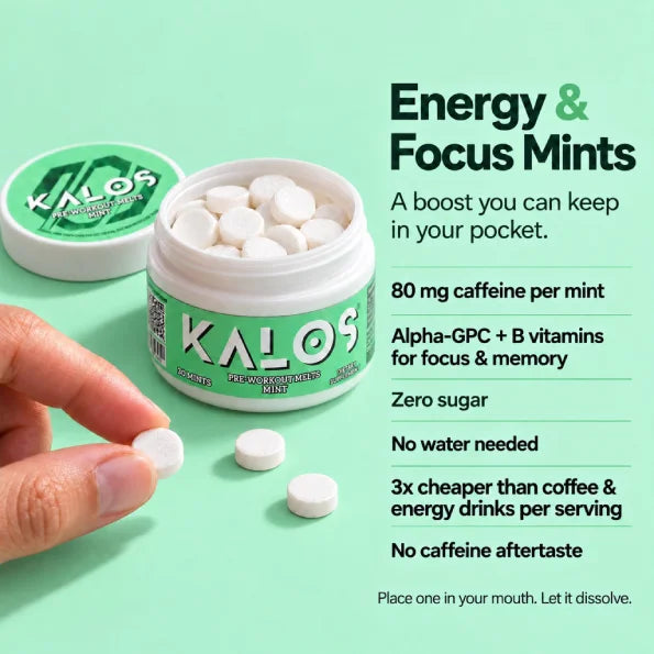 KALOS Energy & Focus Mints with 80mg caffeine per mint, zero sugar, and focus-supporting ingredients