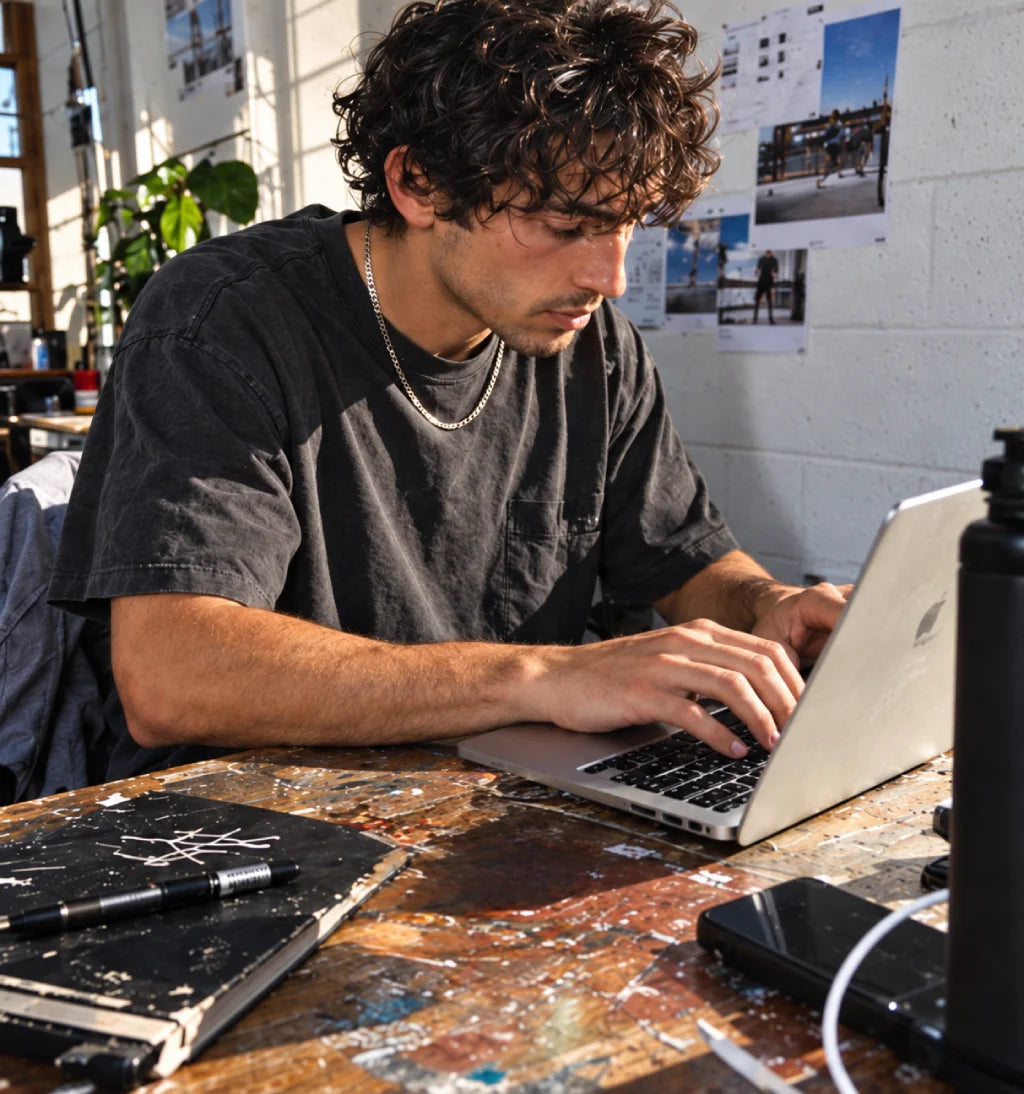A man with curly dark hair sits at a rustic wooden table, typing on a silver laptop. He is wearing a faded black t-shirt and a silver chain necklace.