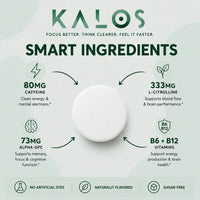 A white round supplement capsule centered on a pale green infographic background with the brand name KALOS at the top and text highlighting smart ingredients: 80mg caffeine, 333mg L-citrulline, 73mg alpha-GPC, and B6 + B12 vitamins.