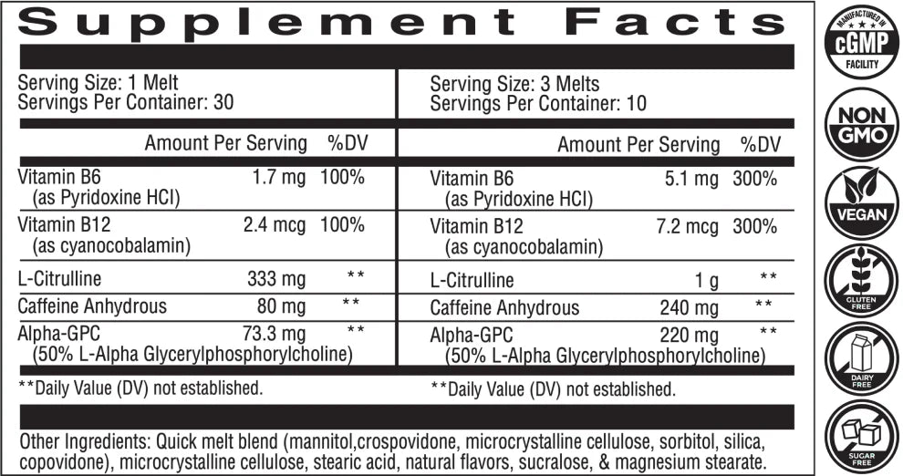 KALOS Energy & Focus Mints Supplement Facts label with caffeine, L-Citrulline, Alpha-GPC, vitamins B6 and B12, and vegan, non-GMO, sugar-free features