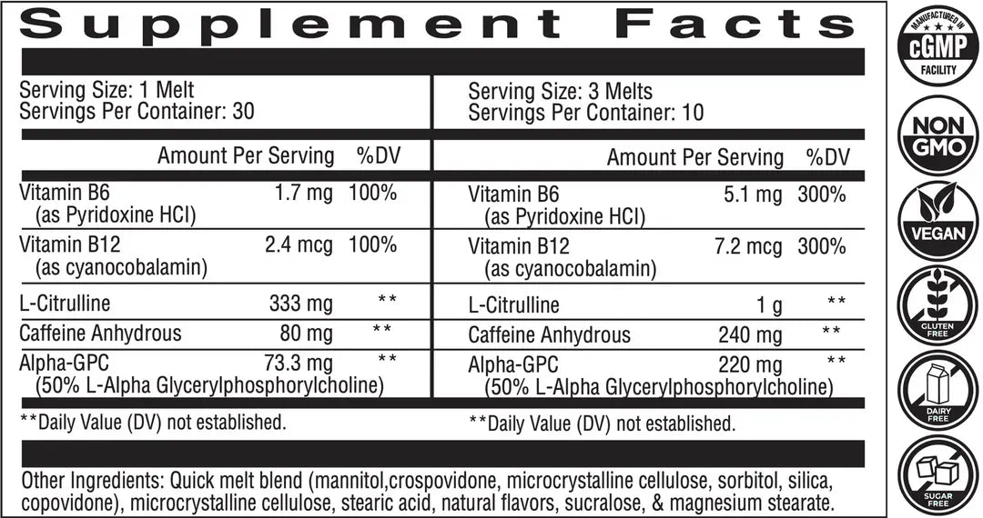 A supplement facts label with a black and white table listing nutrients such as Vitamin B6, Vitamin B12, Vitamin B12 (cyanocobalamin), L-Citrulline, Caffeine Anhydrous, and Alpha-GPC, alongside serving size and daily value percentages. Certifications for GMP, Non-GMO, Vegan, and Organic are shown on the right.