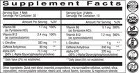 A supplement facts label with a black and white table listing nutrients such as Vitamin B6, Vitamin B12, Vitamin B12 (cyanocobalamin), L-Citrulline, Caffeine Anhydrous, and Alpha-GPC, alongside serving size and daily value percentages. Certifications for GMP, Non-GMO, Vegan, and Organic are shown on the right.